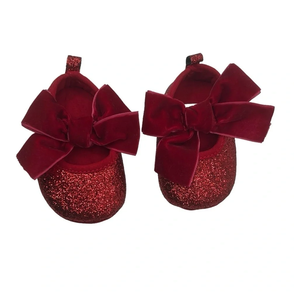 Target Red Glitter Velvet Bow Slip On Mary Jane Shoes Size 0-3 Mths Baby Girl